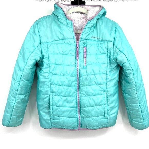 Eddie Bauer Coat Jacket Reversible Puffer Teddy Bear Girls size Large 14 16 Blue - Picture 2 of 16
